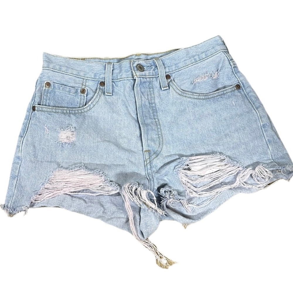 Levi 501 Distressed High Rise Button Fly Denim Jean Shorts Size 27 Pink Distress